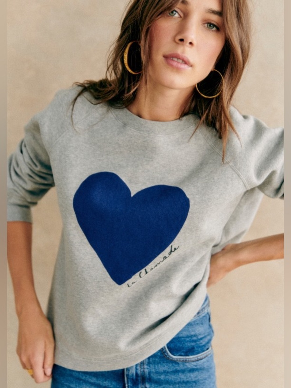 Sezane La Chamade Graphic Sweatshirt in Gray and Navy XXL